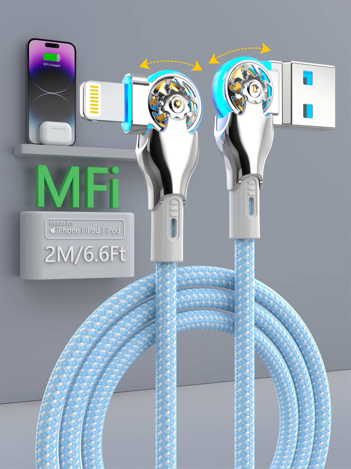 Bidirectional 90 Degree Lightning Charging Cable for iPhone 14/13/12/11/Pro/Max/XS/MAX/XR/XS/X/8/7/Plus/6S High Speed D